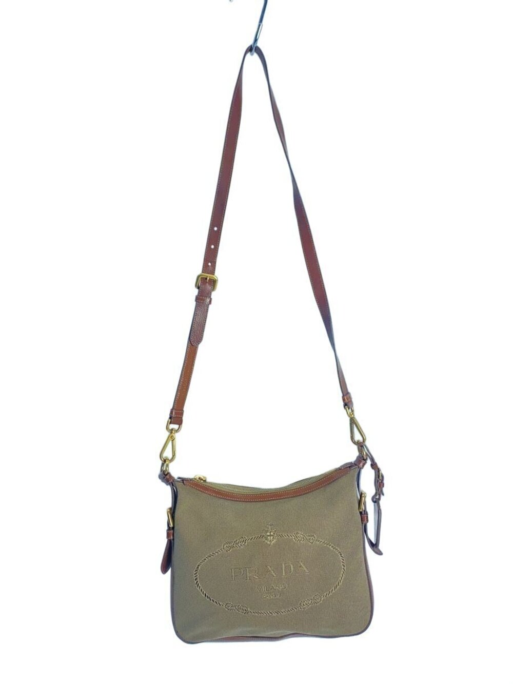 Prada Shoulder Bag Canvas Camel Brown